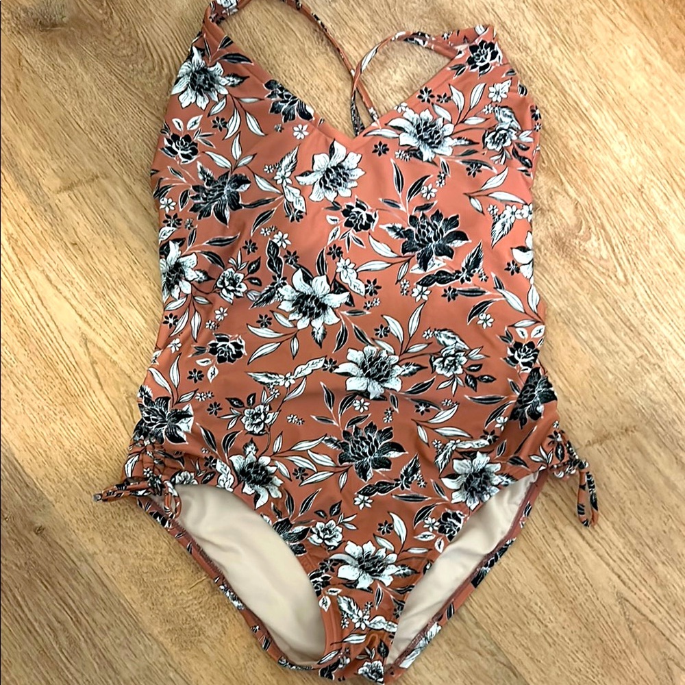 Kona Sol Peachy Brown and Black One Piece Swimsuit with V-Neckline
